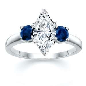  2.01 ct Marquise Diamond W Round Blue Sapphire Ring 18K 