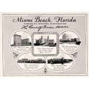 1927 Ad Miami Beach Florida Hotels Flamingo Nautilus Winter Vacation 
