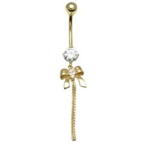    14k Yellow Gold CZ Bow Dangle Belly Button Navel Ring: Jewelry