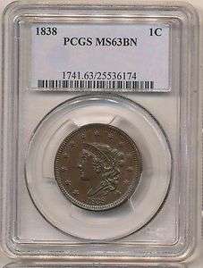 1838 LARGE CENT MS63BN PCGS. Pleasing Glossy Brown Example.  