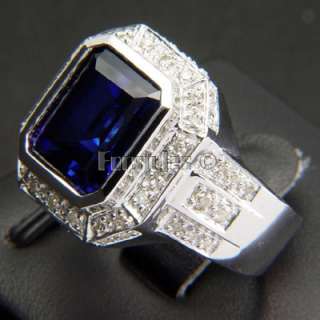Lab Sapphire Diamonds 10k Solid Gold Mens Ring r00062  