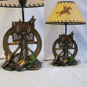  Happy Trails Saddle on Wagon Wheel Figurine Lamp: Home 
