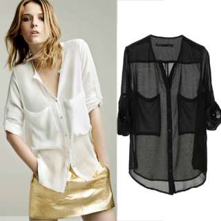 Women Collarless Button front See through Long Sleeve Chiffon Shirts 