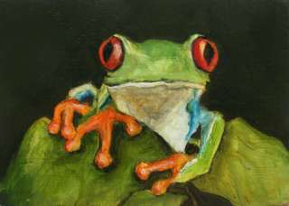 RED EYED TREE FROG Original ACEO Animal Art Painting OIL  