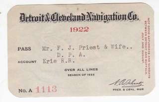Detroit & Cleveland Navigation Co 1922 Season Pass  