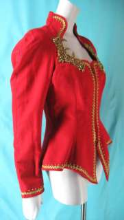 Vintage 80s Bold Red Rayon Gold Trimmed Cache Military Jacket S  
