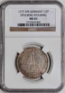 1777 EFR Germany Stolberg Stolberg Silver 1/3 Thaler   NGC MS63 