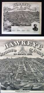 1875 Iowa Map Des Moines Birdseye View Hawkeye Company  