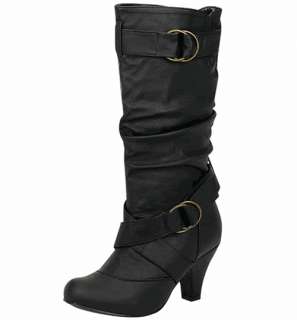 Buckle Black Mid High Heel Dress Casual Cute Boot Shoe  