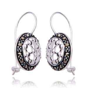  Sterling Silver Marcasite and Onyx Round Earrings Jewelry