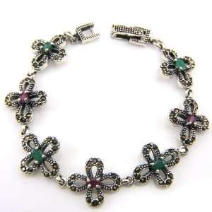  Natural Ruby Emerald Sapphire Marcasite Bracelet 22+Gms Jewelry