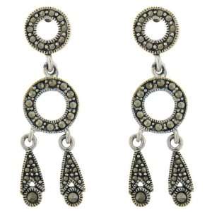    Sterling Silver Marcasite Two Circle Dangle Earrings Jewelry