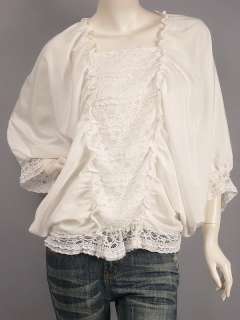 White Ruched Lace Trim Dolman Sleeve Slouchy Blouse Top M  
