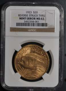 1923 NGC MS62 $20 ST. GAUDENS GOLD DOUBLE EAGLE REVERSE STRIKE THROUGH 