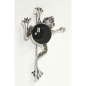    Sterling Silver Marcasite Black Onyx FROG Pin Brooch: Jewelry
