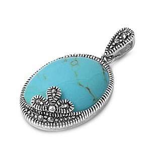   925 Sterling Silver Genuine Turquoise witn Marcasite Pendant: Jewelry
