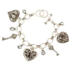   Marcasite Key & Heart Charms Toggle Bracelet Fashion Jewelry Jewelry