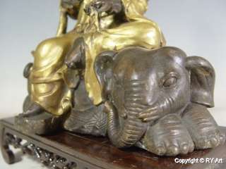 TIBETAN GILDED BRONZE KWAN YIN BUDDHA w ELEPHANT 11 H  