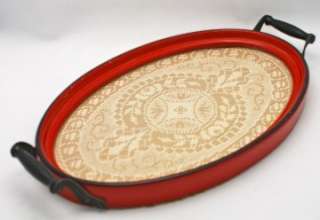 VINTAGE OVAL WOODEN RED BLACK PAINTED SERVING TRAY WITH DOILY UNDER 
