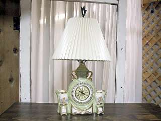   Pale Green Lanshire Lamp w Clock & Planter Table Lamp Trimmed In Gold