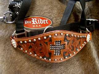 HALTER BRONC CARVED NYLON NOSE BAND SILVER BLING CROSS CARVED BROWN 