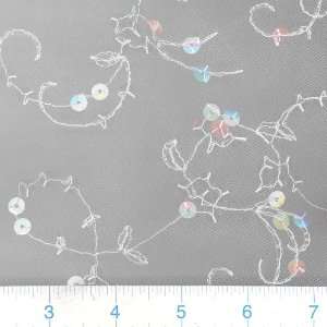  58 Wide White Tulle with Vine Embroidered Clear Sequins Fabric 