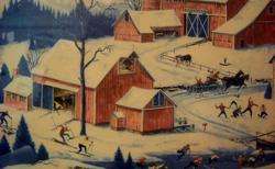 VINTAGE SMALL TOWN WINTER FUN FRAMED PRINT  