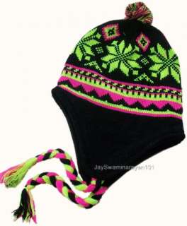 Boys Girls Unisex Knit Winter Ski Hat Ear flaps Lined Beanie Neon 
