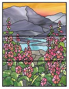 Faux stained glass window cling flowers mountains scenery sunblock 