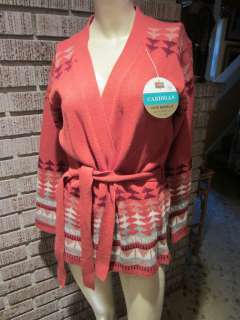   Vintage 70s NWT K Mart Tribal Dark Salmon Tie Belt Cardigan Sweater M