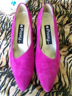 VTG 80s Fuchsia Pink Suede Leather Deco Pumps Glam 8 N  