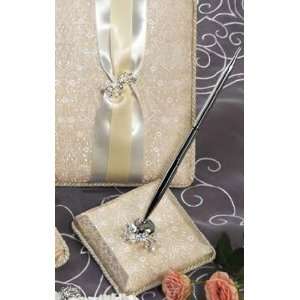    Gold Brocade Wedding Guest Pen and Stand Set 