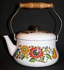 vtg metal enamel tea pot kettle white floral $ 42 50  free 