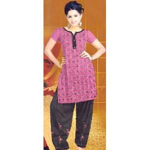 Pink Salwar Kameez Suit Fabric with Floral Ari Embroidery and Mirrors 