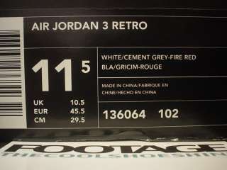 2003 Nike Air Jordan III 3 Retro WHITE CEMENT GREY FIRE RED BLACK Sz 