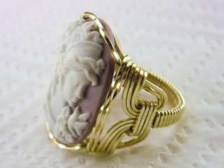 R978 Grecian Goddess Dove Cameo Ring 14k gf Gold Pink  