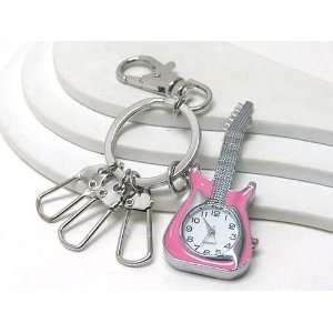  Electric Guitar Watch Key Chain Fob PINK Music Silver Tone 