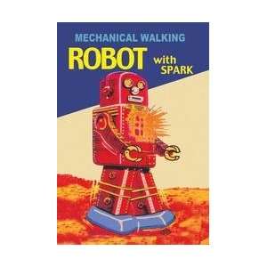  Mechanical Walking Red Robot with Spark 12x18 Giclee on 