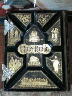 ANTIQUE FAMILY HOLY BIBLE CLASP UNMARKED LEATHER ILLUMINATING COLOR 