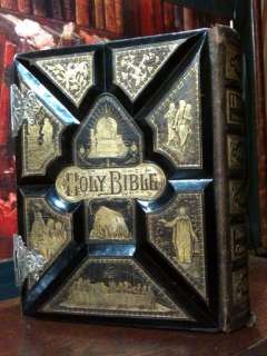 ANTIQUE FAMILY HOLY BIBLE CLASP UNMARKED LEATHER ILLUMINATING COLOR 
