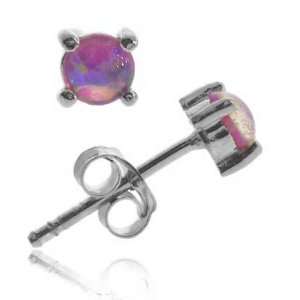  Sterling Silver Created Fiery Pink Opal Round Stud 