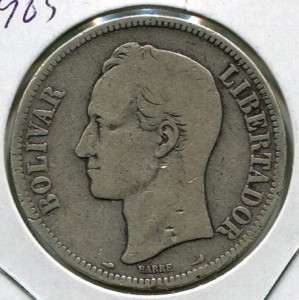 1905 Venezuela FUERTE 5 Bolivares Silver Coin   25 Grams 90% Silver 