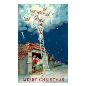  Merry Christmas, Angels Coming Down Ladder Premium Giclee 