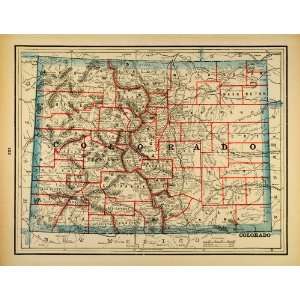 1893 Print Map Colorado State Counties Mountains Cities United States 
