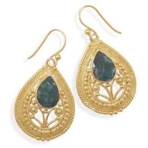 CleverSilvers Ornate 14 Karat Gold Plated RoughCut Emerald Earrings