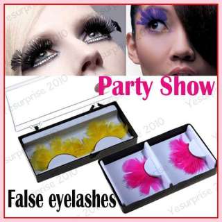 pair pink yellow False Eyelashes Make up Eye Lash Party Show Feather 