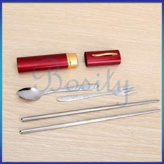 Stainless Steel Chopsticks Fork Spoon Flatware Set Protable 3in1 