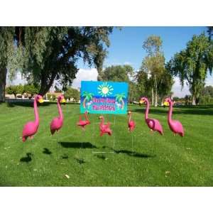 XL Pink Yard Flamingos, 6 Pink Flamingo Twirlers and Flocking Lawn 