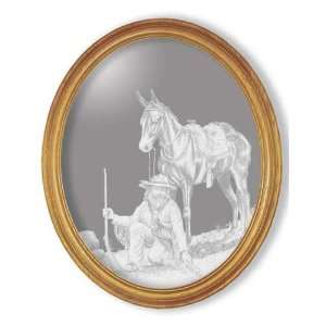  Mountain Man and Mule Etched Mirror   Solid Oak Oval Frame 