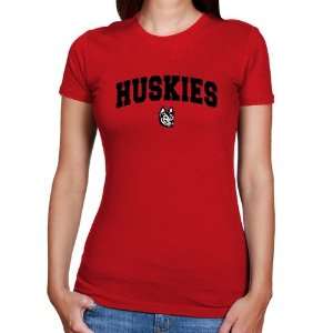  Northeastern Huskies Ladies Red Logo Arch Slim Fit T shirt 
